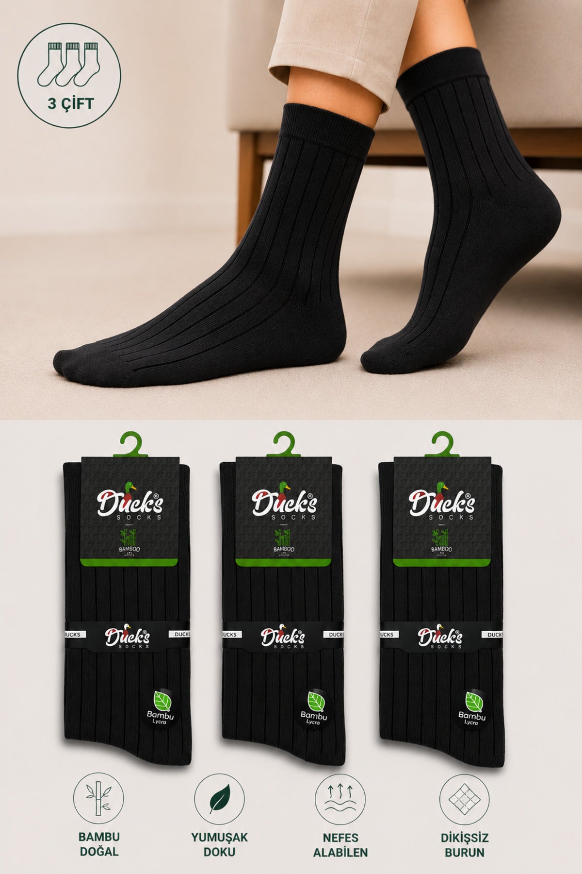 Erkek Siyah Bambu Dikişsiz Soket Çorap 3'lü Yıkamalı Uzun Konç Çizgili Erkek Çorap