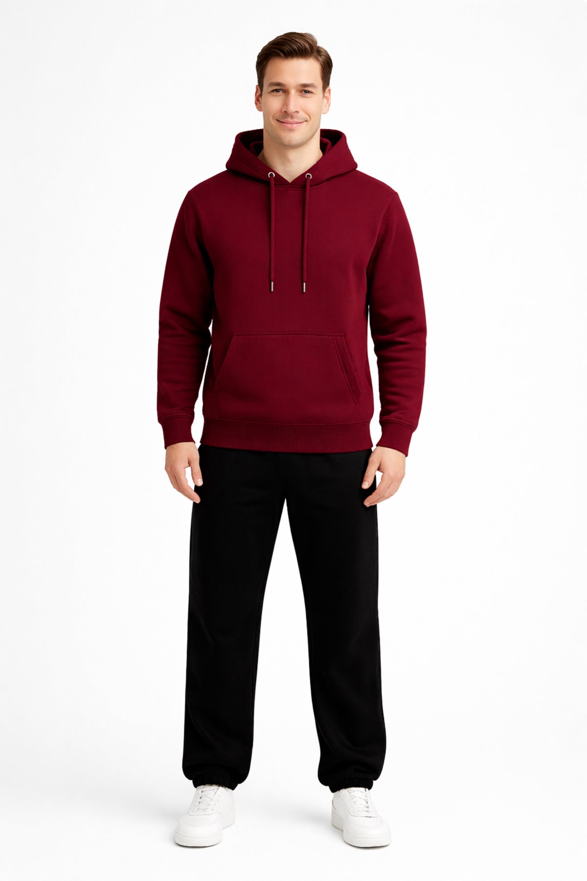 Erkek Bordo 3 İplik Pamuklu Kapüşonlu Sweatshirt Basic Hoodie Kanguru Cepli