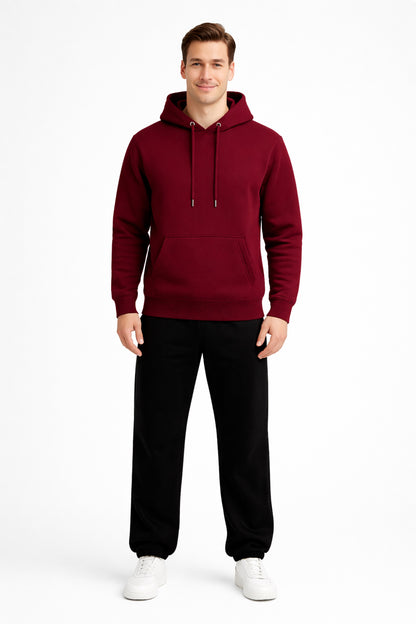 Erkek Bordo 3 İplik Pamuklu Kapüşonlu Sweatshirt Basic Hoodie Kanguru Cepli