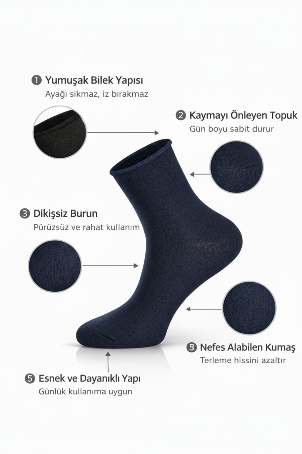 Erkek Lacivert 6'lı Pamuklu Kutulu Lastiksiz Çorap Diyabetik Dostu Dikişsiz Iz Bırakmaz Kısa Konç Sıkmayan Çorap