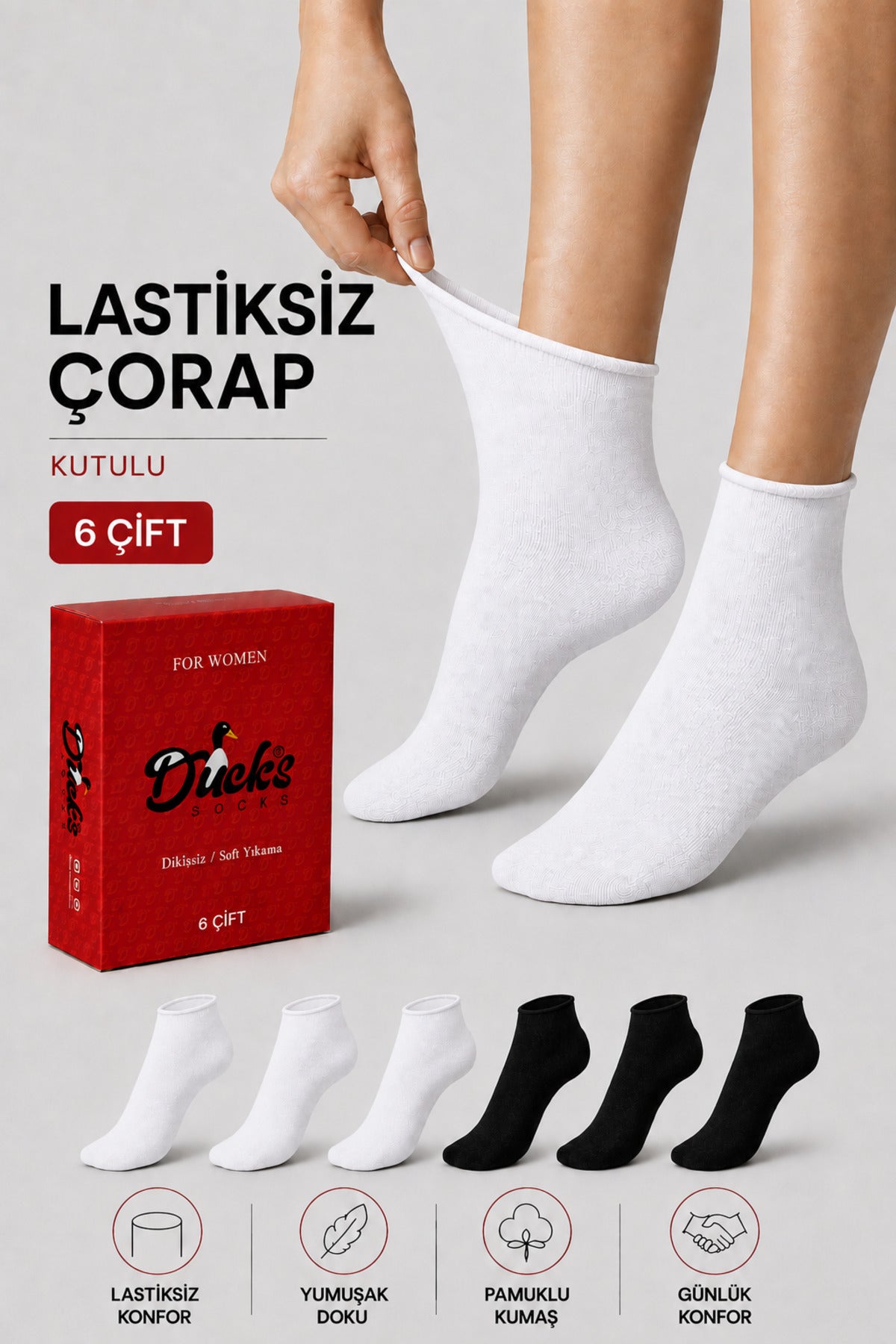 Kadın 6'lı Pamuklu Kutulu Lastiksiz Dikişsiz Iz Bırakmaz Kısa Konç Sıkmayan Çorap
