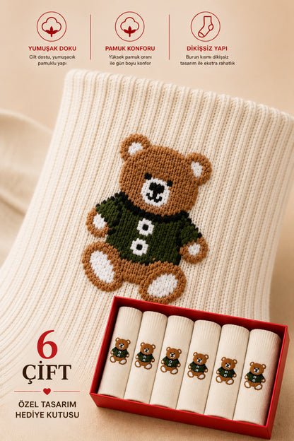 Kadın Ekru Teddy Bear Çorap Hediye Kutulu Pamuklu Kısa Konç Ayıcıklı Çorap 6'lı Dikişsiz