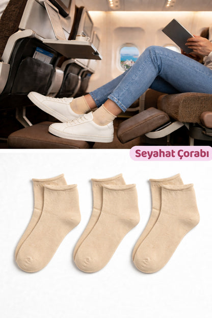 Kadın Bej Lastiksiz Seyahat Çorabı 3’lü Paket Dikişsiz/Premium/Pamuk/Kısa/ Yolculuk Çorabı