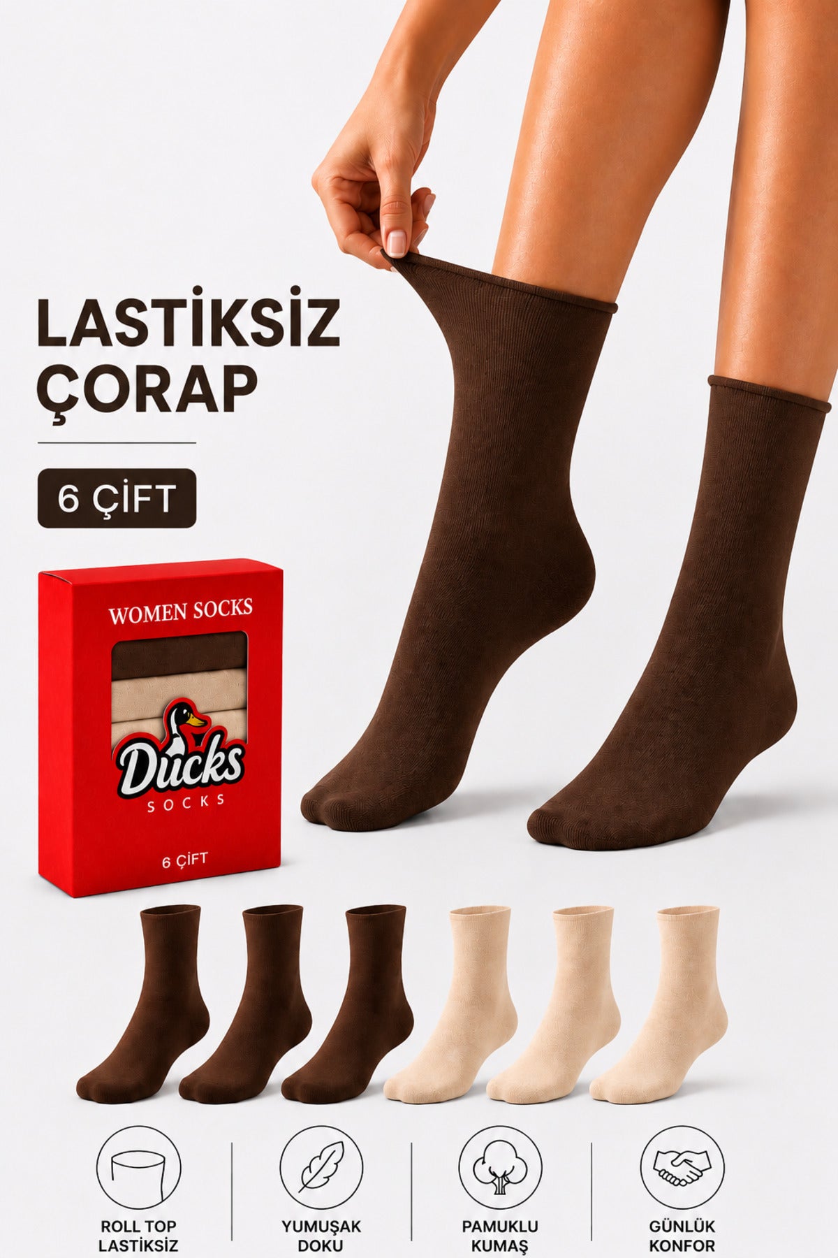 Kadın Kahverengi-Bej 6'lı Pamuklu Kutulu Lastiksiz Çorap Diyabetik Dostu Dikişsiz Iz Bırakmaz Uzun Konç Sıkmayan Çorap