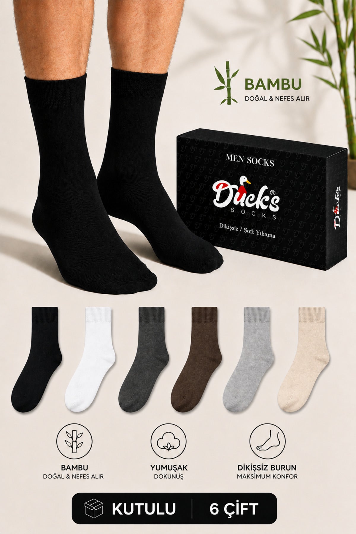 Erkek Bambu Çorap 6'lı Kutulu Dikişsiz Uzun Konç Yıkamalı