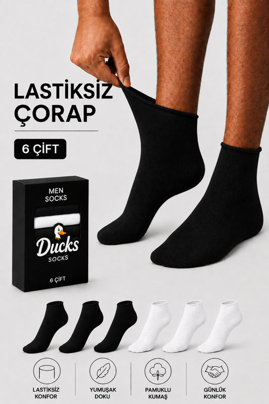 Ducks Socks Erkek 6'lı Pamuklu Kutulu Lastiksiz Siyah Dikişsiz Esnek Kısa Konç Sıkmayan Çorap