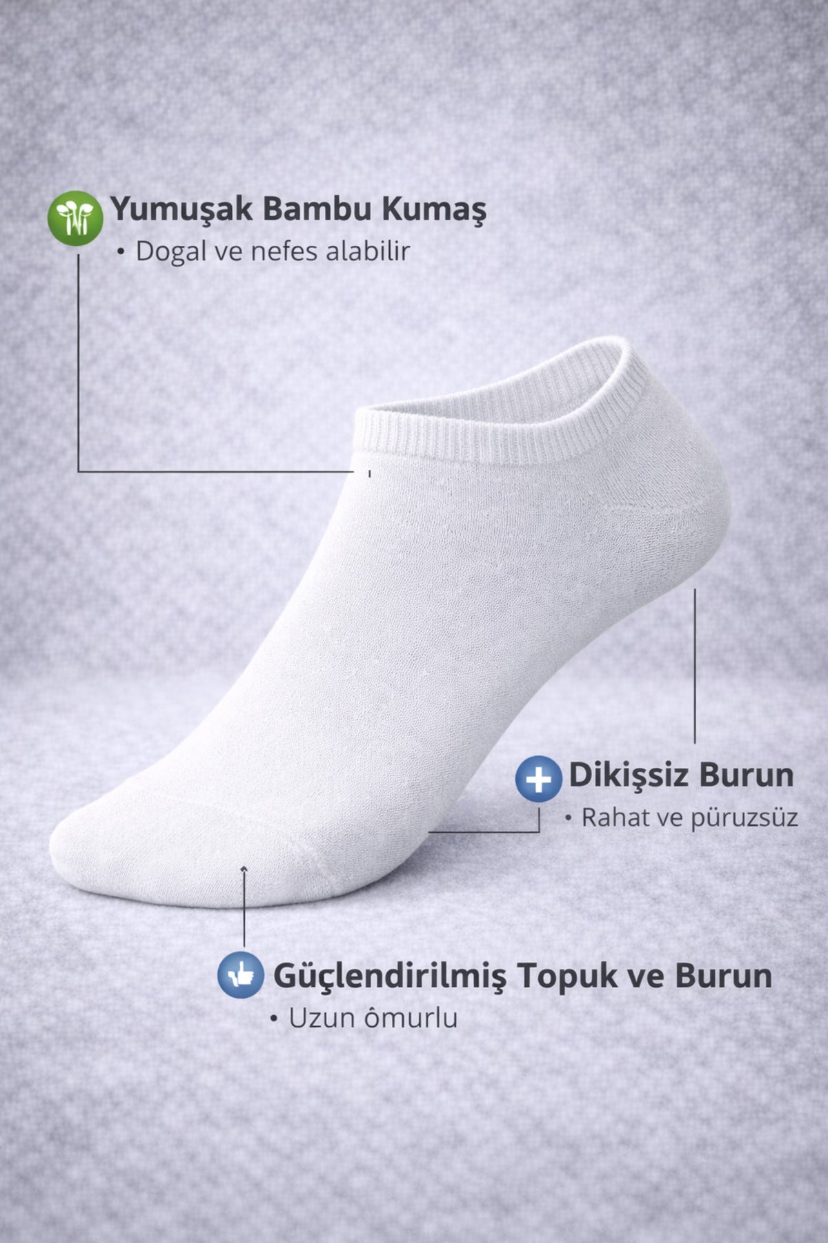 Erkek Beyaz Bambu Dikişsiz Sneaker Çorap Dayanıklı 3 Çift Terletmez Günlük