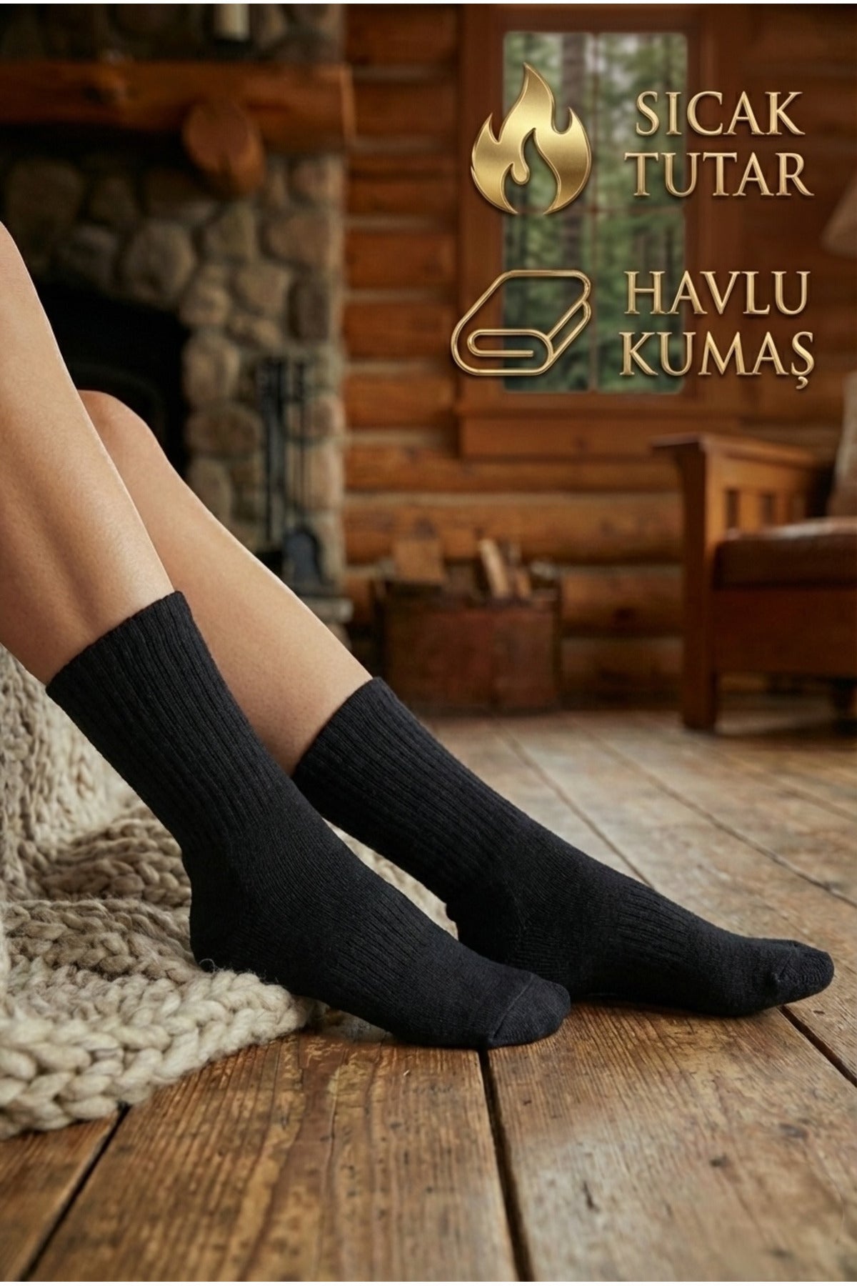 Kadın Siyah 6'lı Termal Pamuklu Taban Altı Havlu Uzun Konç Premium Kutulu Çorap