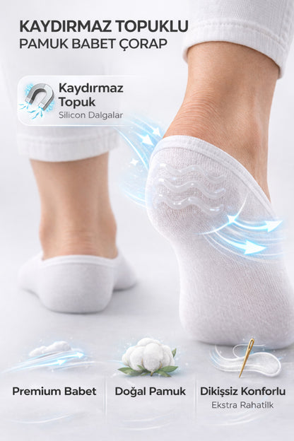 Kadın Babet Çorap 4'lü Pamuk Dikişsiz Kalpli Esnek Kaydırmaz Topuk Korumalı