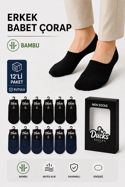 Erkek Lacivert-Siyah Bambu Babet Çorap Kutulu 12'li Dikişsiz Ayaktan Çıkma Önleyici Slikonlu Babet Çorap