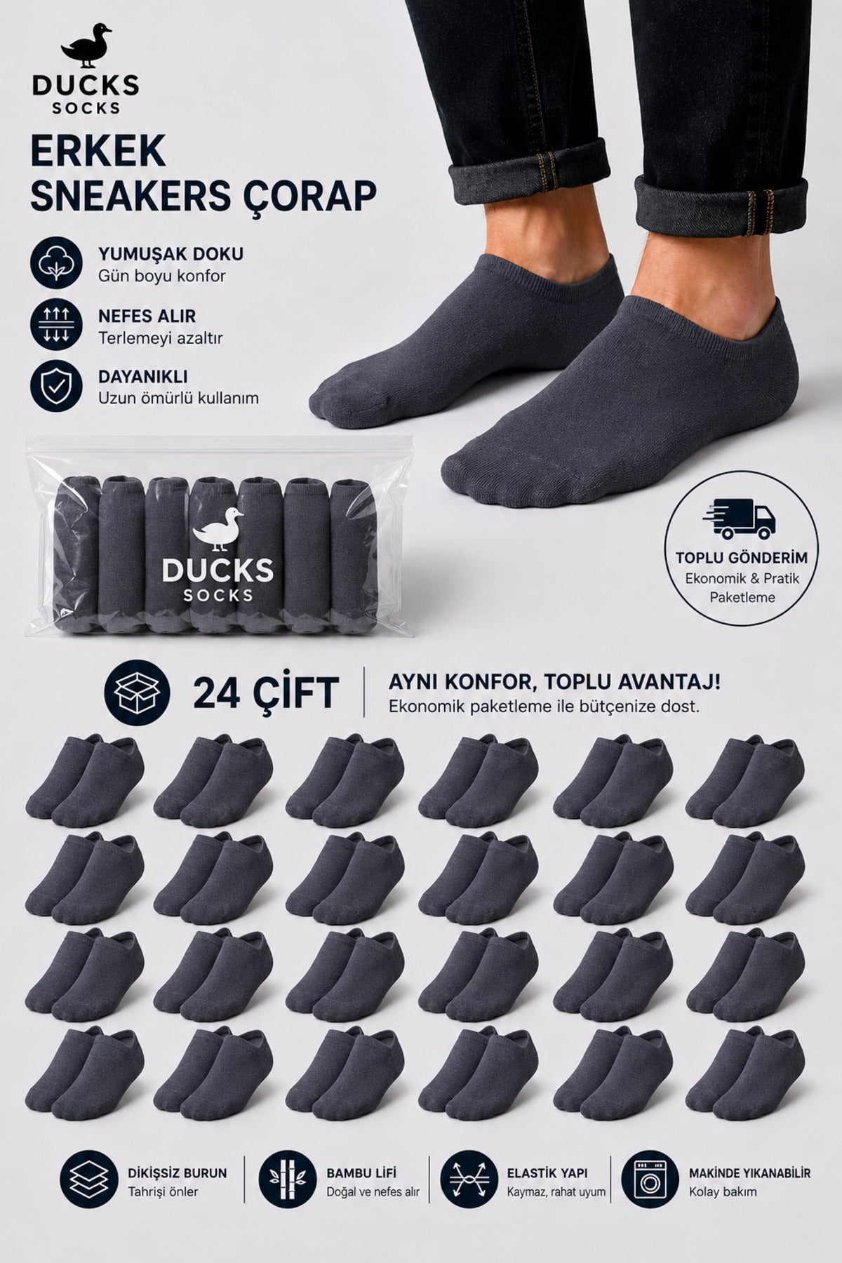 Erkek Bambu 24'lü Set Dikişsiz Yıkamalı Sneakers Çorap