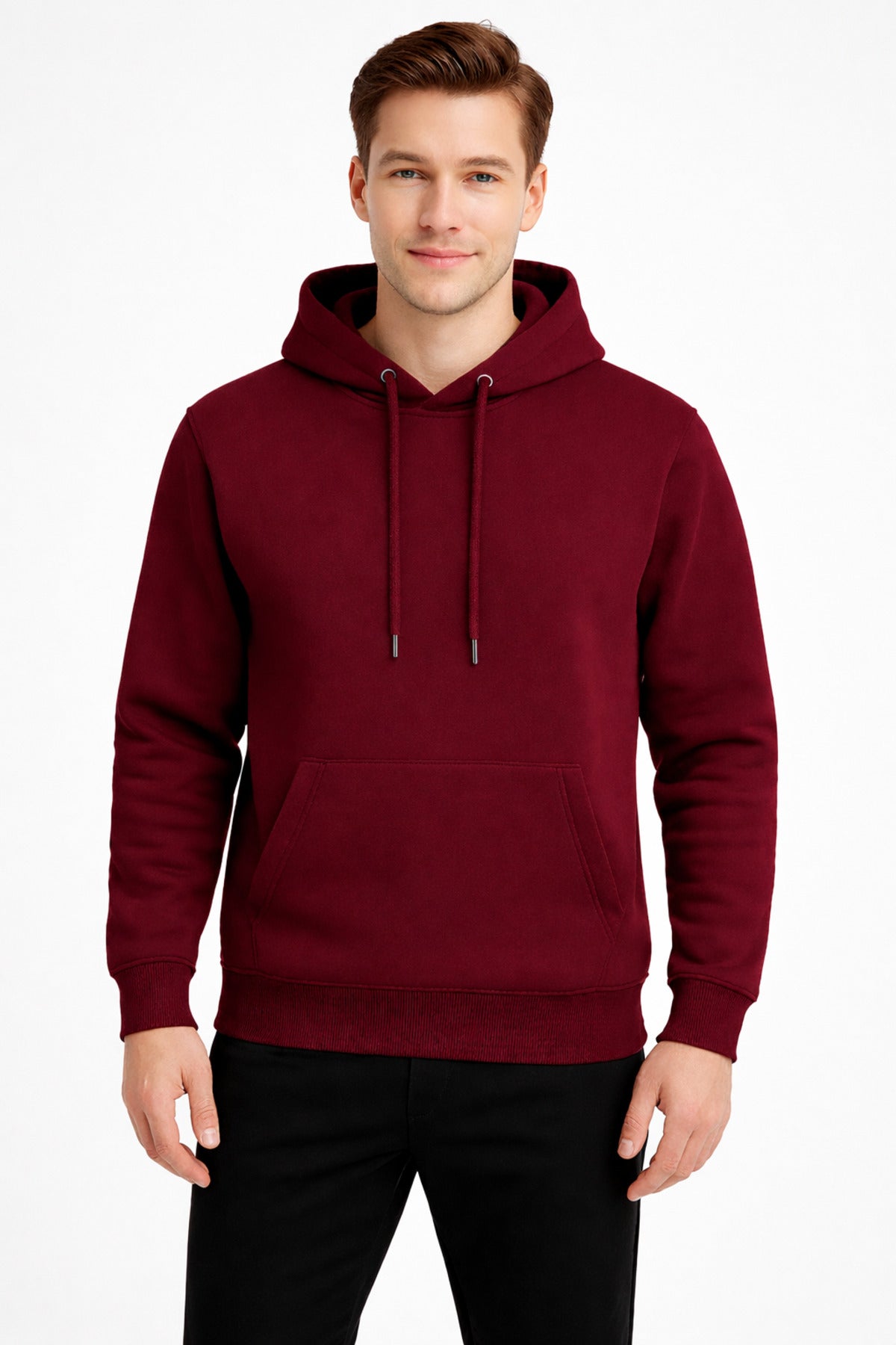 Erkek Bordo 3 İplik Pamuklu Kapüşonlu Sweatshirt Basic Hoodie Kanguru Cepli