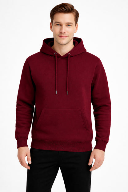 Erkek Bordo 3 İplik Pamuklu Kapüşonlu Sweatshirt Basic Hoodie Kanguru Cepli