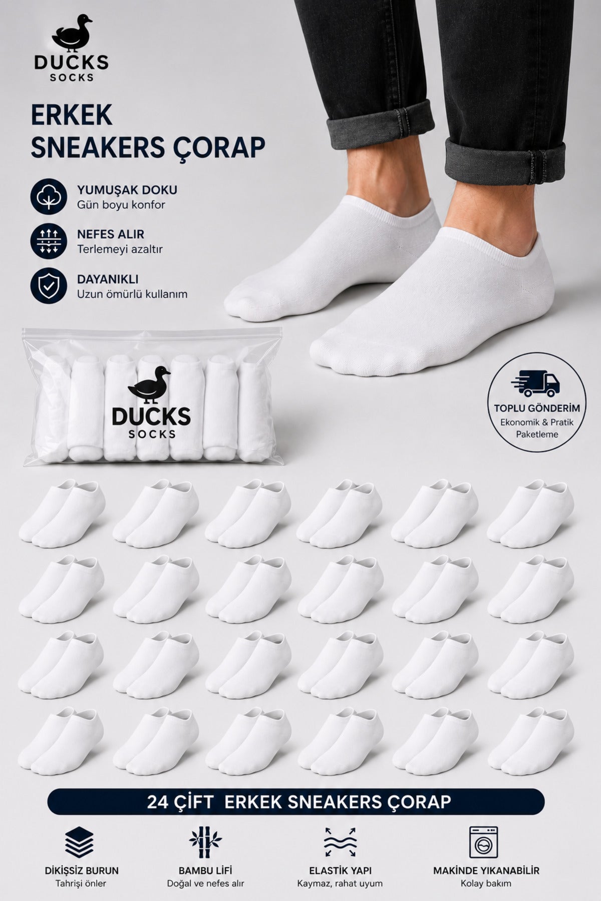 Erkek Bambu 24'lü Set Dikişsiz Yıkamalı Sneakers Çorap