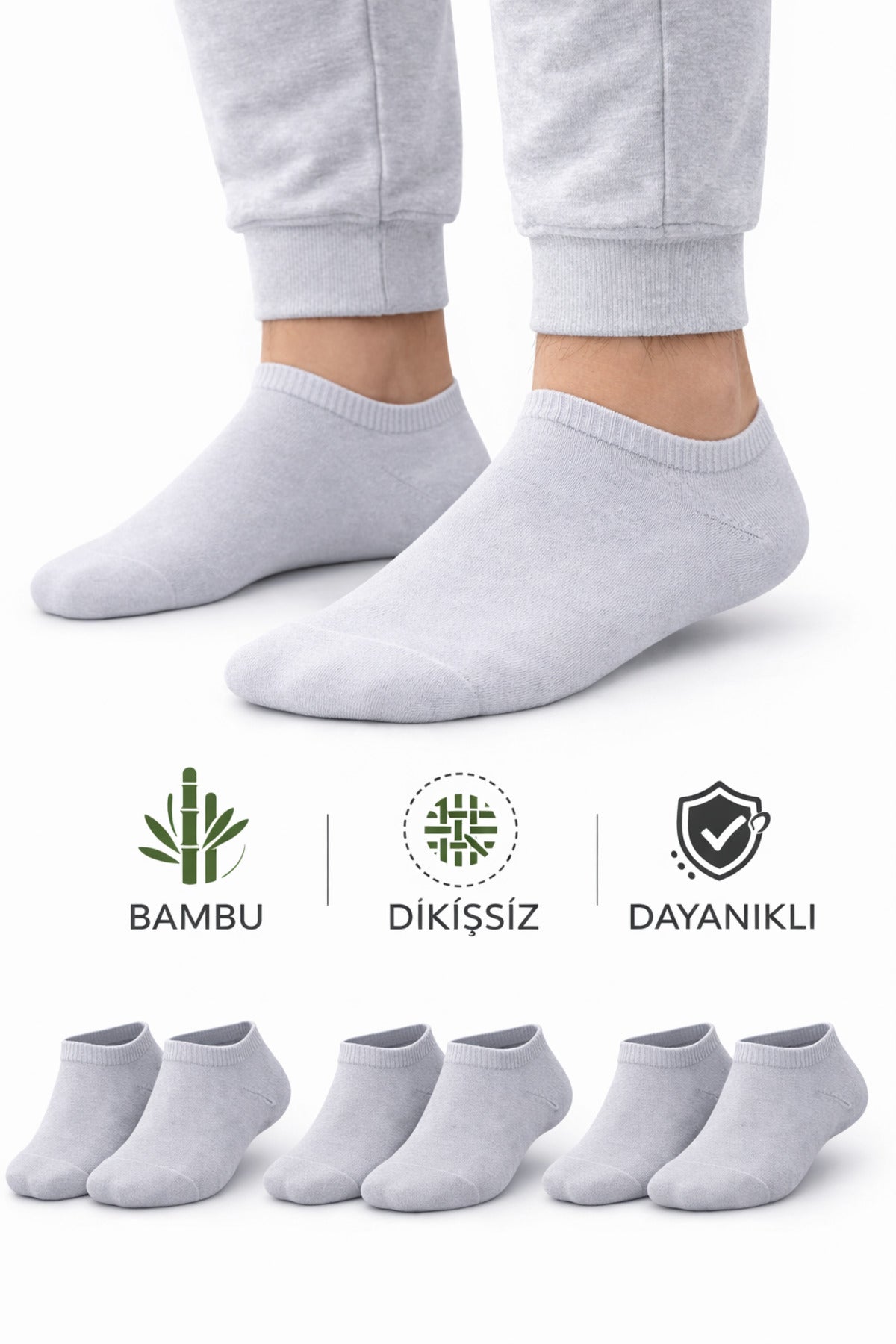 Erkek Gri Bambu Dikişsiz Sneaker Çorap Dayanıklı 3 Çift Terletmez Günlük