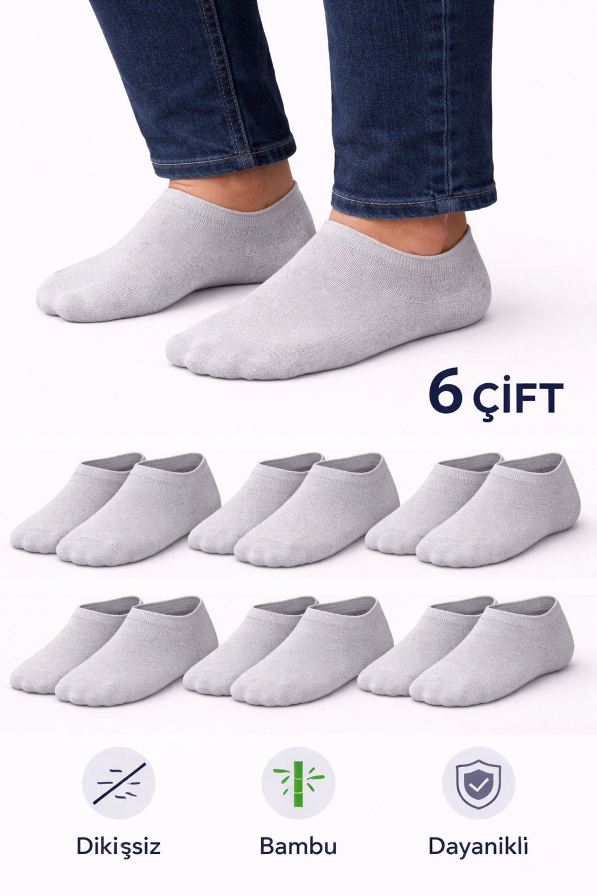 Erkek Gri Bambu Sneaker Çorap 6’lı Paket – Dikişsiz, Terletmeyen, Dayanıklı, Görünmez