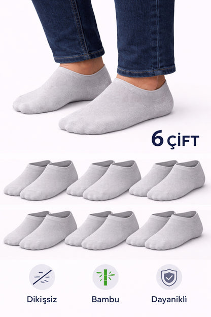 Erkek Gri Bambu Sneaker Çorap 6’lı Paket – Dikişsiz, Terletmeyen, Dayanıklı, Görünmez