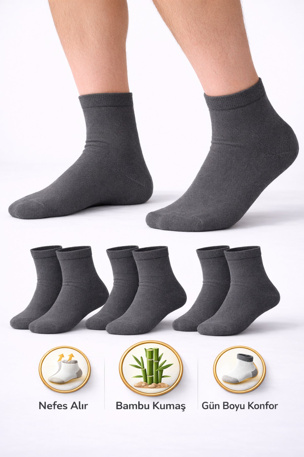 Erkek Kısa Konç Bambu Füme Çorap 3’lü Dikişsiz Terletmeyen Ultra Yumuşak Nefes Alabilir Çorap