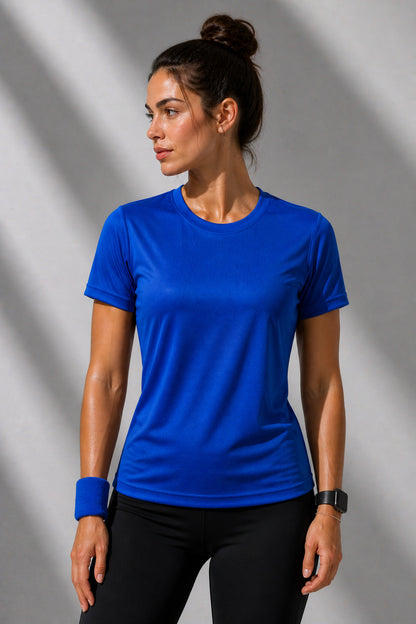 Kadın Saks Performans Spor Tişört Hızlı Kuruyan Esnek ve Dayanıklı Kumaş Nem Emici Spor T-Shirt