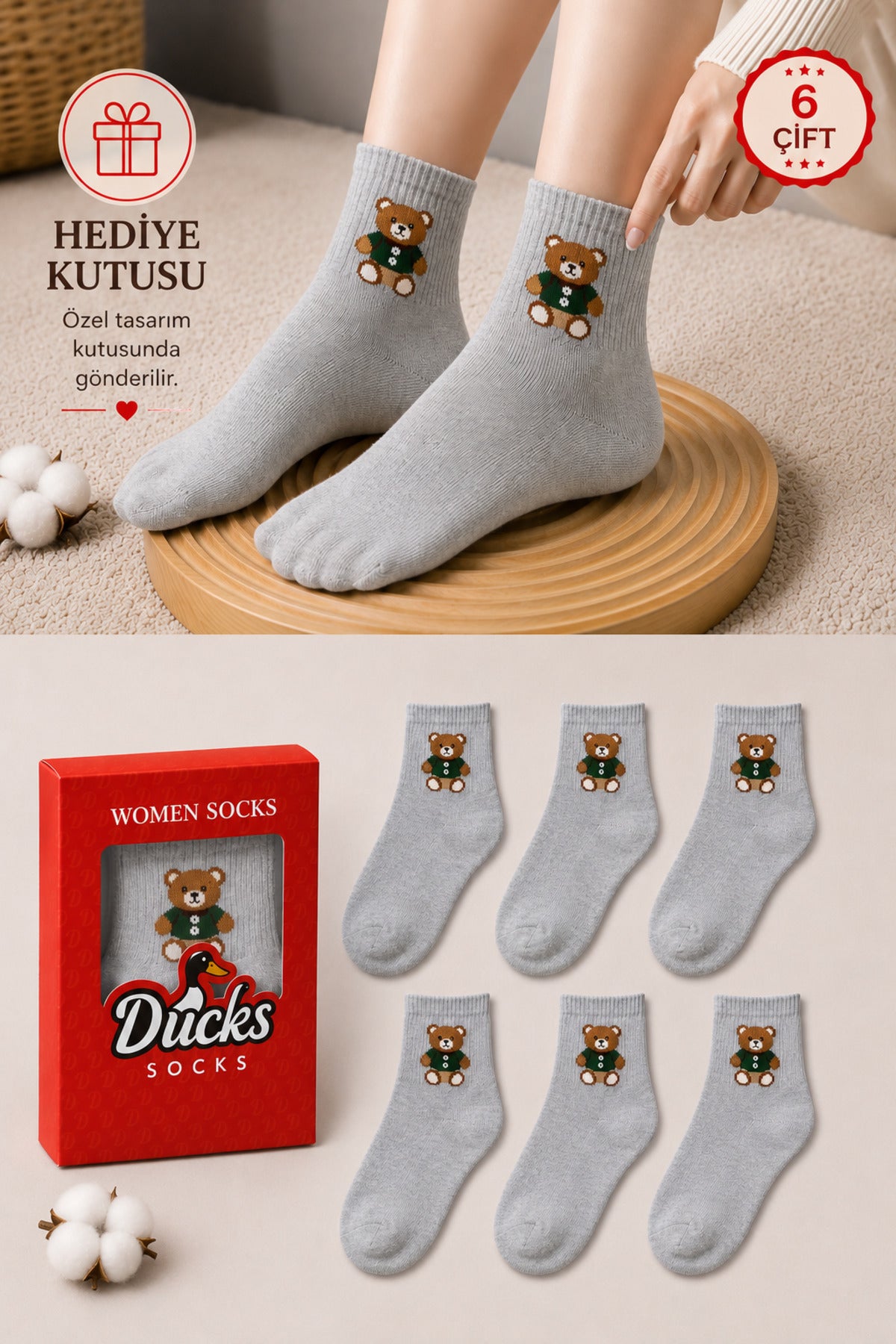 Kadın Gri Teddy Bear Çorap Hediye Kutulu Pamuklu Kısa Konç Ayıcıklı Çorap 6'lı Dikişsiz