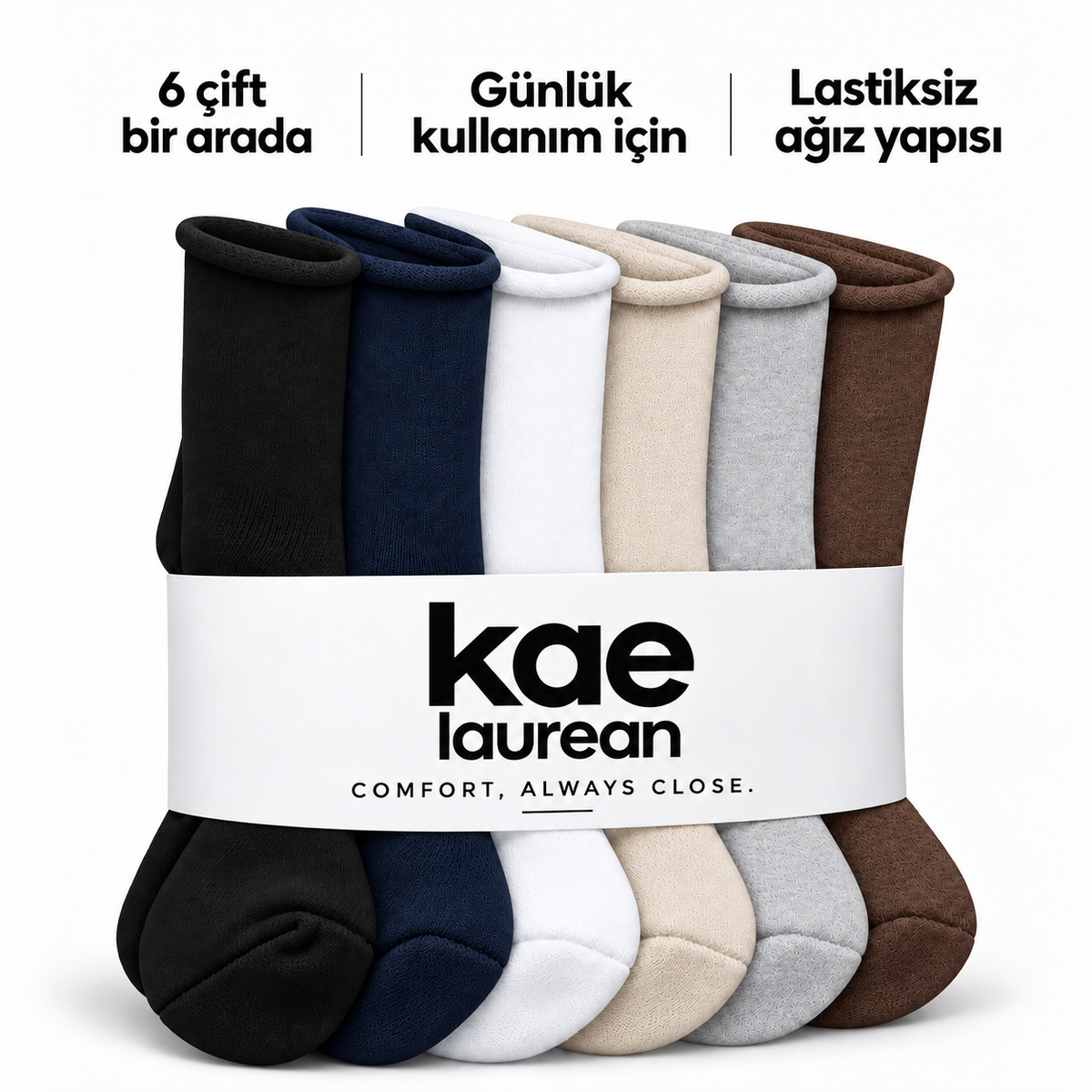 6200 kadın uzun konç lastiksiz çorap 6 çift – 1 Siyah + 1 Lacivert + 1 Beyaz + 1 Bej + 1 Gri + 1 Kahverengi – 4. görsel