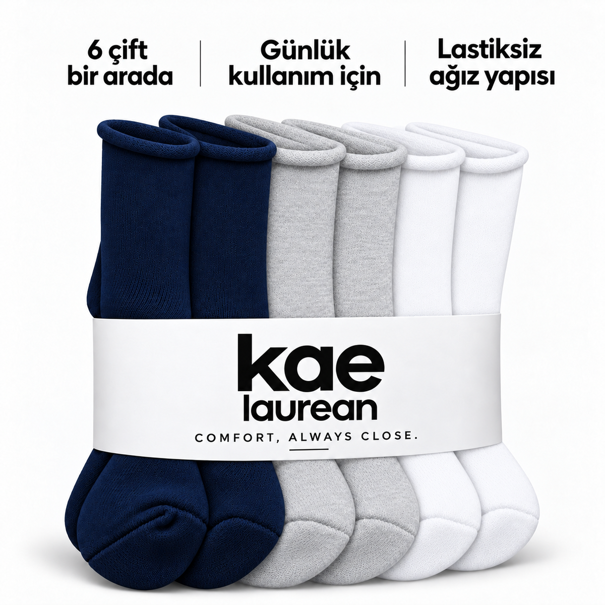 6200 kadın uzun konç lastiksiz çorap 6 çift – 2 Lacivert + 2 Gri + 2 Beyaz – 4. görsel