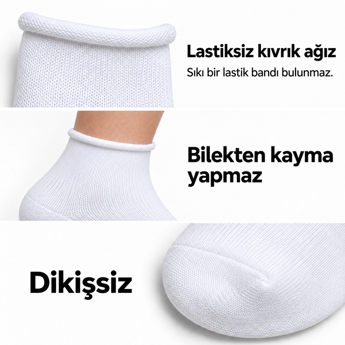 6201 kadın kısa konç lastiksiz çorap 6 çift – Beyaz – 3. görsel