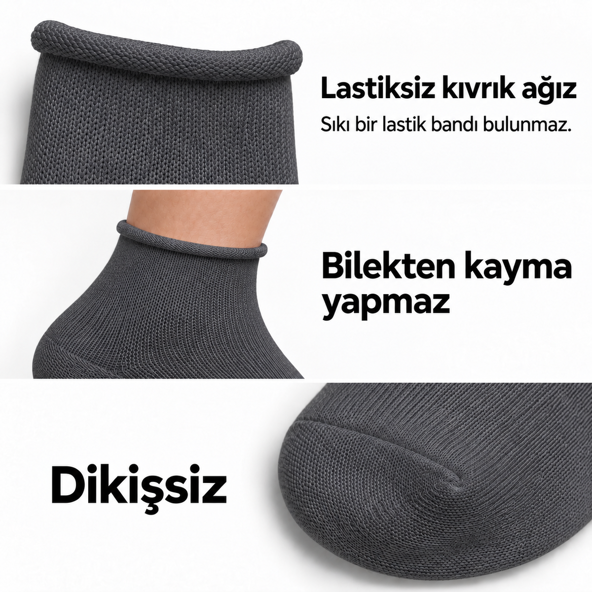 6201 kadın kısa konç lastiksiz çorap 6 çift – Füme – 3. görsel