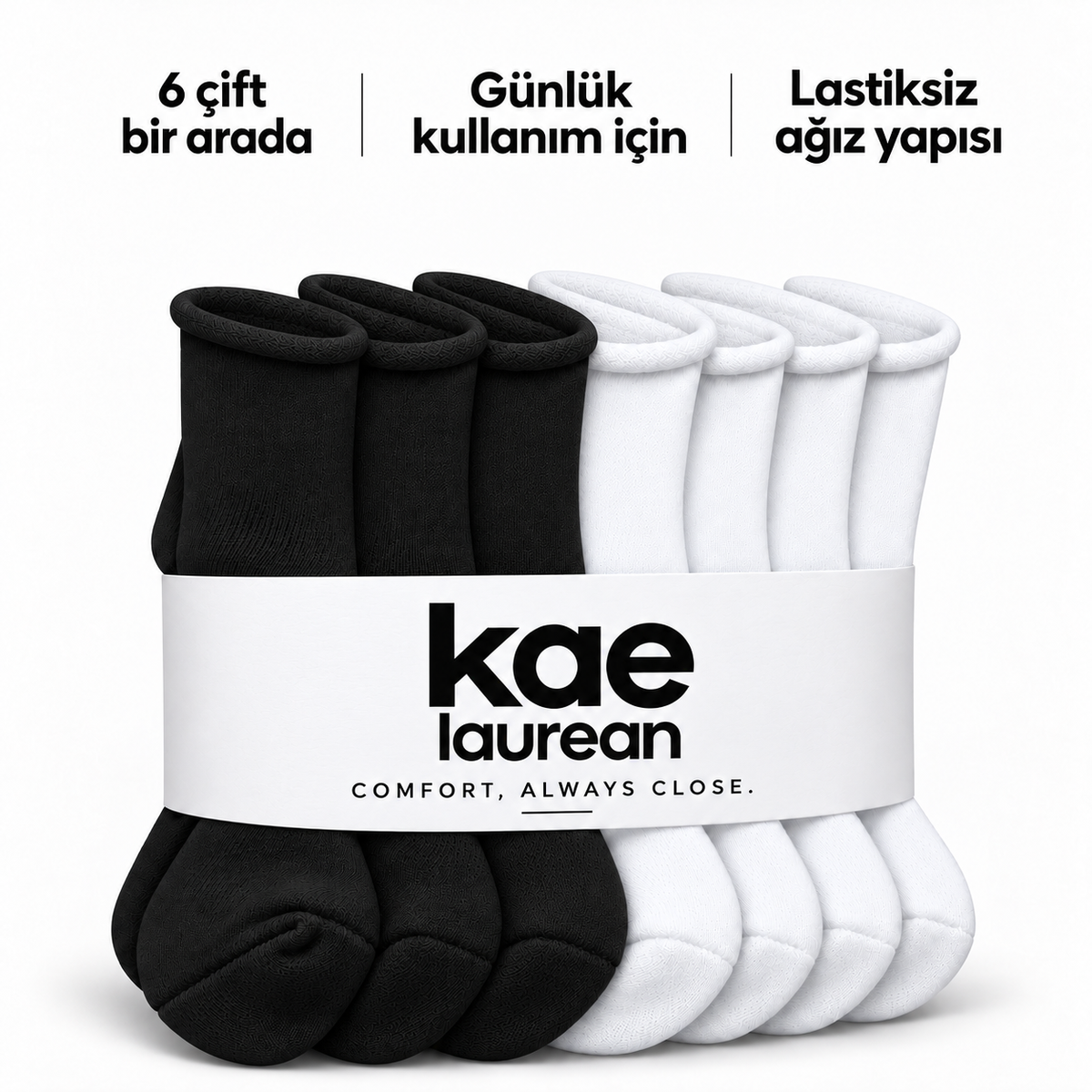 6201 kadın kısa konç lastiksiz çorap 6 çift – 3 Siyah + 3 Beyaz – 4. görsel