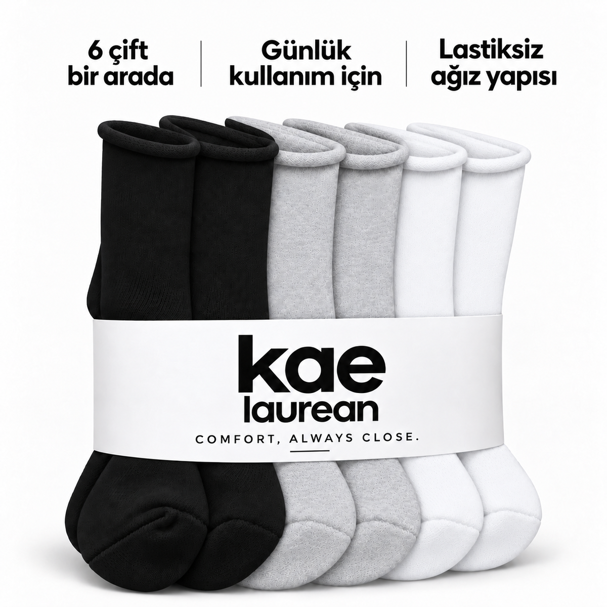6250 erkek uzun konç lastiksiz çorap 6 çift – 2 Siyah + 2 Beyaz + 2 Gri – 4. görsel