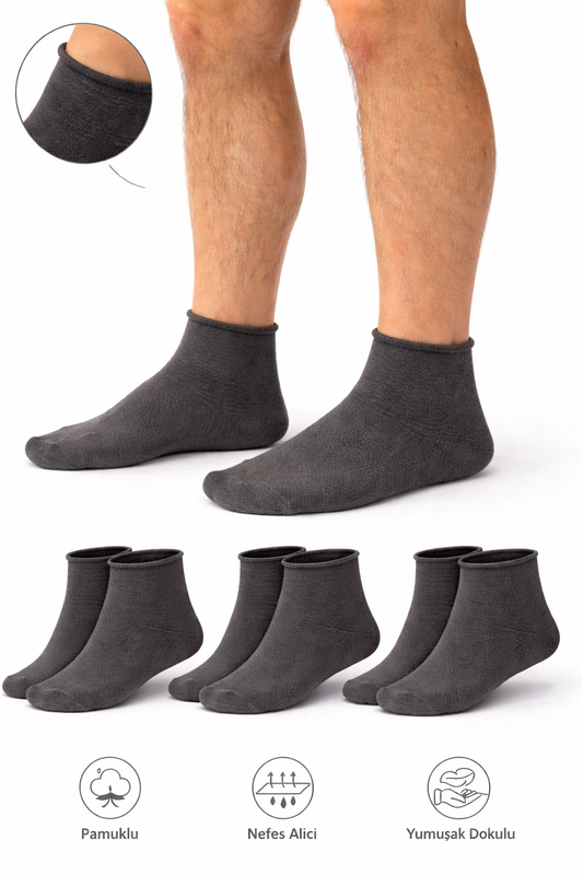 Erkek 3'lü Pamuklu Lastiksiz Füme Dikişsiz Esnek Iz Bırakmaz Kısa Konç Sıkmayan Çorap