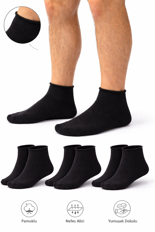 Erkek 3'lü Pamuklu Lastiksiz Siyah Dikişsiz Esnek Iz Bırakmaz Kısa Konç Sıkmayan Çorap