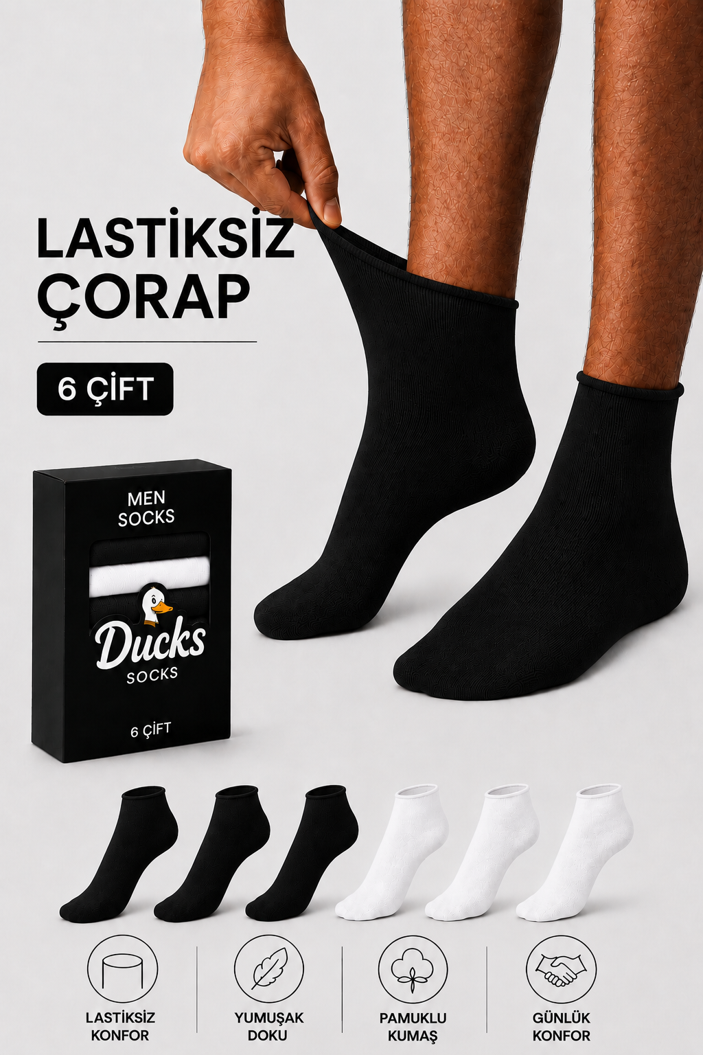 Erkek Siyah Beyaz 6'lı Pamuklu Kutulu Lastiksiz Dikişsiz Esnek Kısa Konç Sıkmayan Çorap