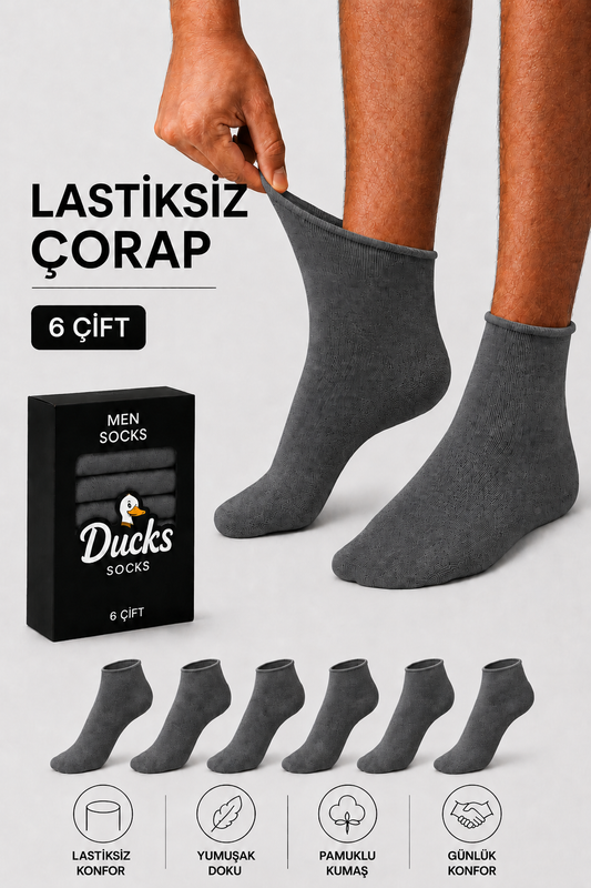 Erkek Füme 6'lı Pamuklu Kutulu Lastiksiz Dikişsiz Esnek Kısa Konç Sıkmayan Çorap