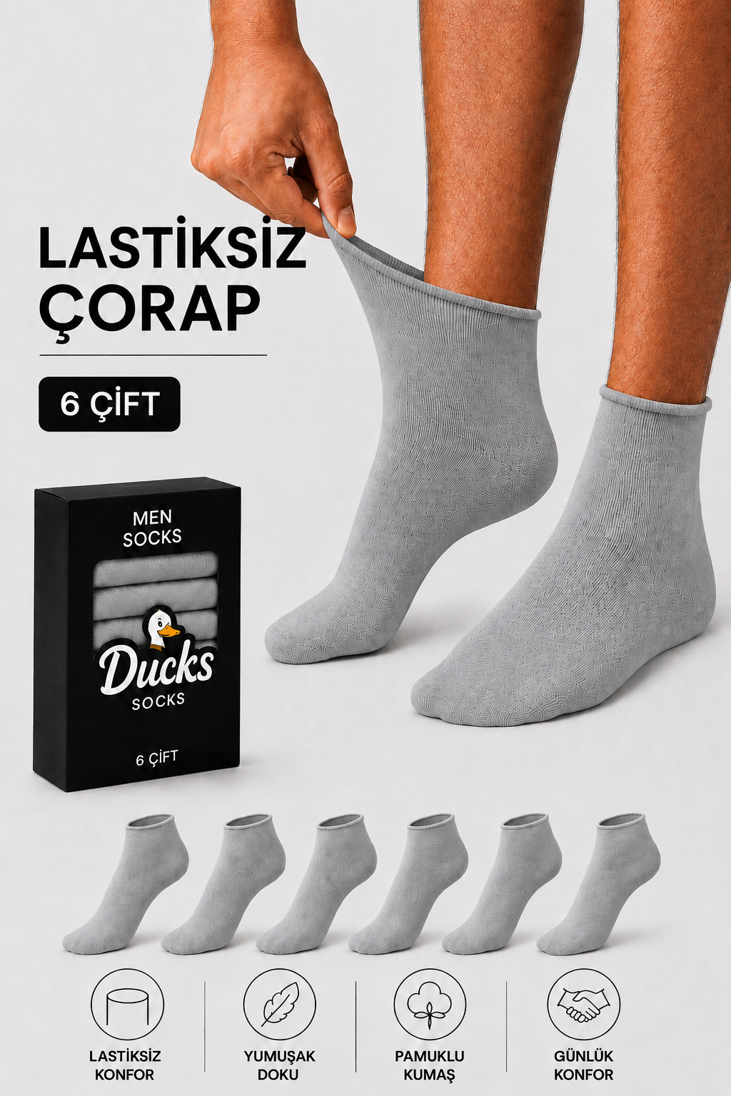 Erkek Gri 6'lı Pamuklu Kutulu Lastiksiz Dikişsiz Esnek Kısa Konç Sıkmayan Çorap