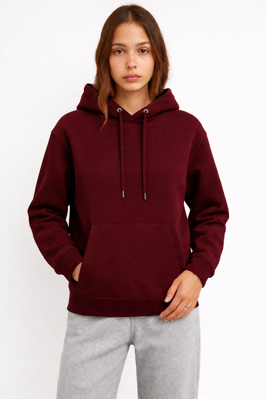 Kadın Bordo 3 İplik Pamuklu Kapüşonlu Sweatshirt Basic Hoodie Kanguru Cepli