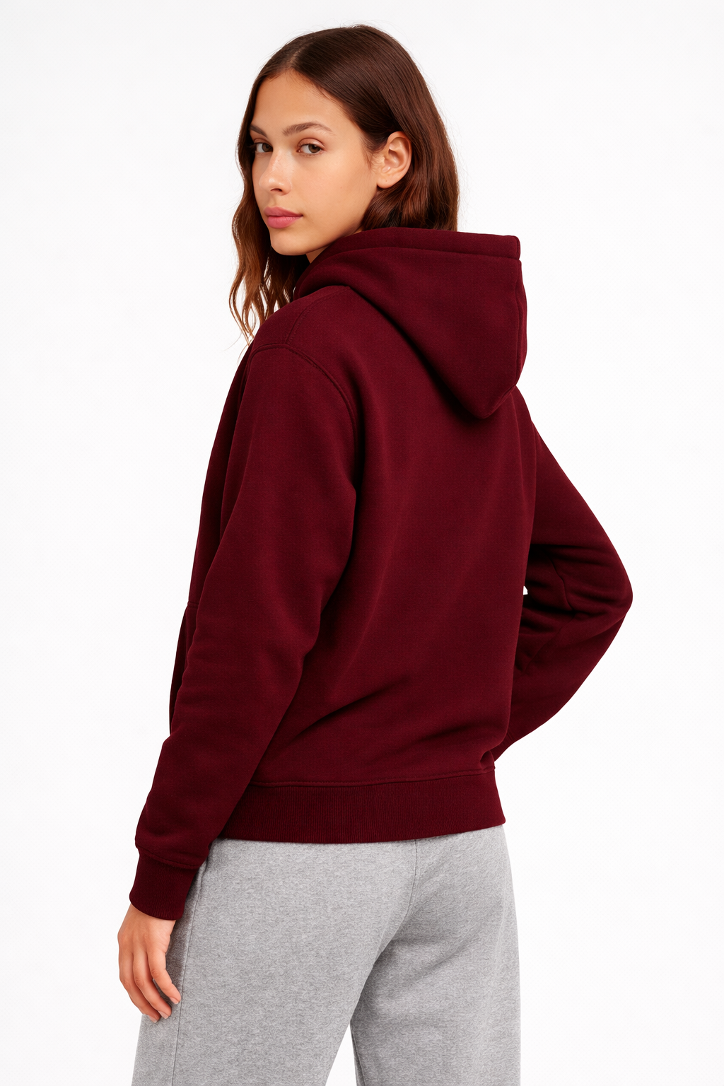 Kadın Bordo 3 İplik Pamuklu Kapüşonlu Sweatshirt Basic Hoodie Kanguru Cepli