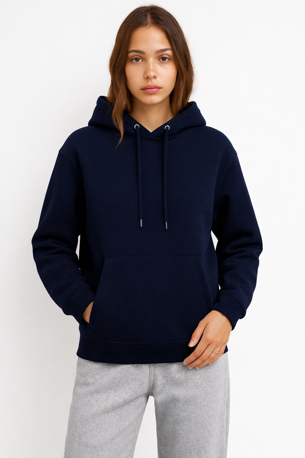 Kadın Lacivert 3 İplik Pamuklu Kapüşonlu Sweatshirt Basic Hoodie Kanguru Cepli