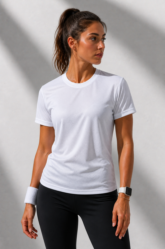 Kadın Beyaz Performans Spor Tişört Hızlı Kuruyan Esnek ve Dayanıklı Kumaş Nem Emici Spor T-Shirt
