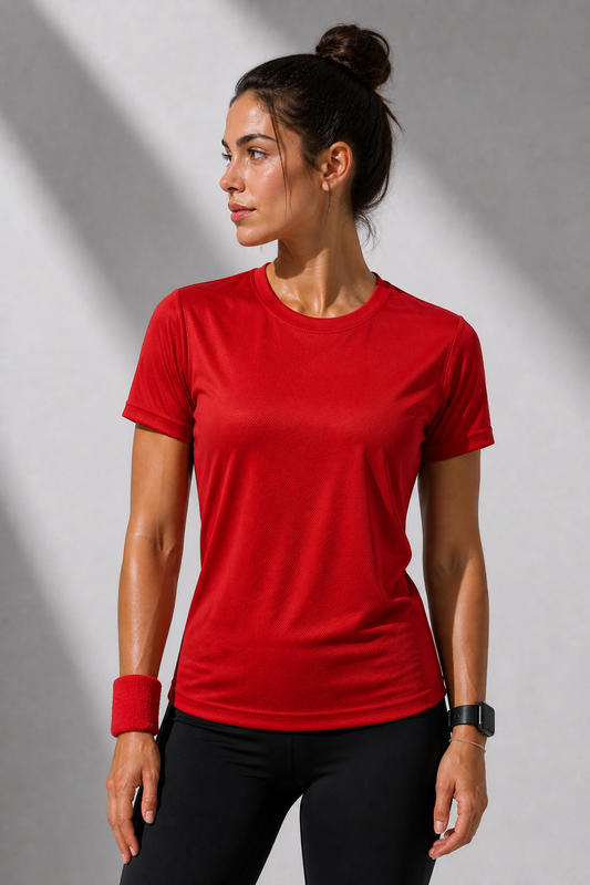 Kadın Kırmızı Performans Spor Tişört Hızlı Kuruyan Esnek ve Dayanıklı Kumaş Nem Emici Spor T-Shirt