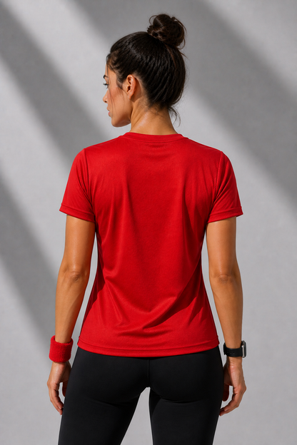 Kadın Kırmızı Performans Spor Tişört Hızlı Kuruyan Esnek ve Dayanıklı Kumaş Nem Emici Spor T-Shirt