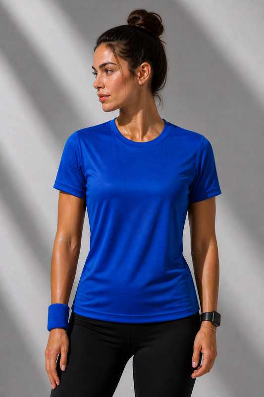 Kadın Saks Performans Spor Tişört Hızlı Kuruyan Esnek ve Dayanıklı Kumaş Nem Emici Spor T-Shirt