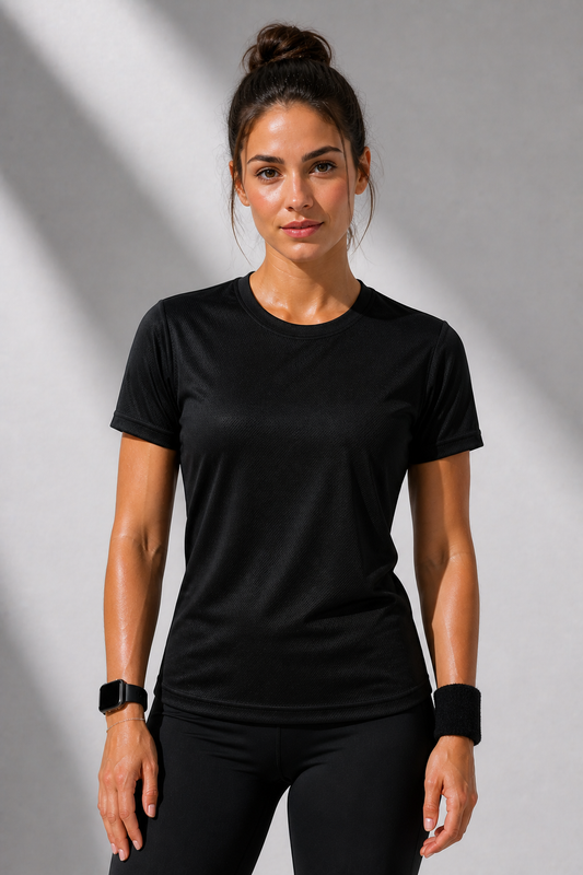 Kadın Siyah Performans Spor Tişört Hızlı Kuruyan Esnek ve Dayanıklı Kumaş Nem Emici Spor T-Shirt