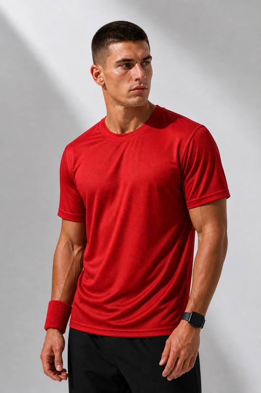 Erkek Kırmızı Performans Spor Tişört Hızlı Kuruyan Esnek ve Dayanıklı Kumaş Nem Emici Spor T-Shirt