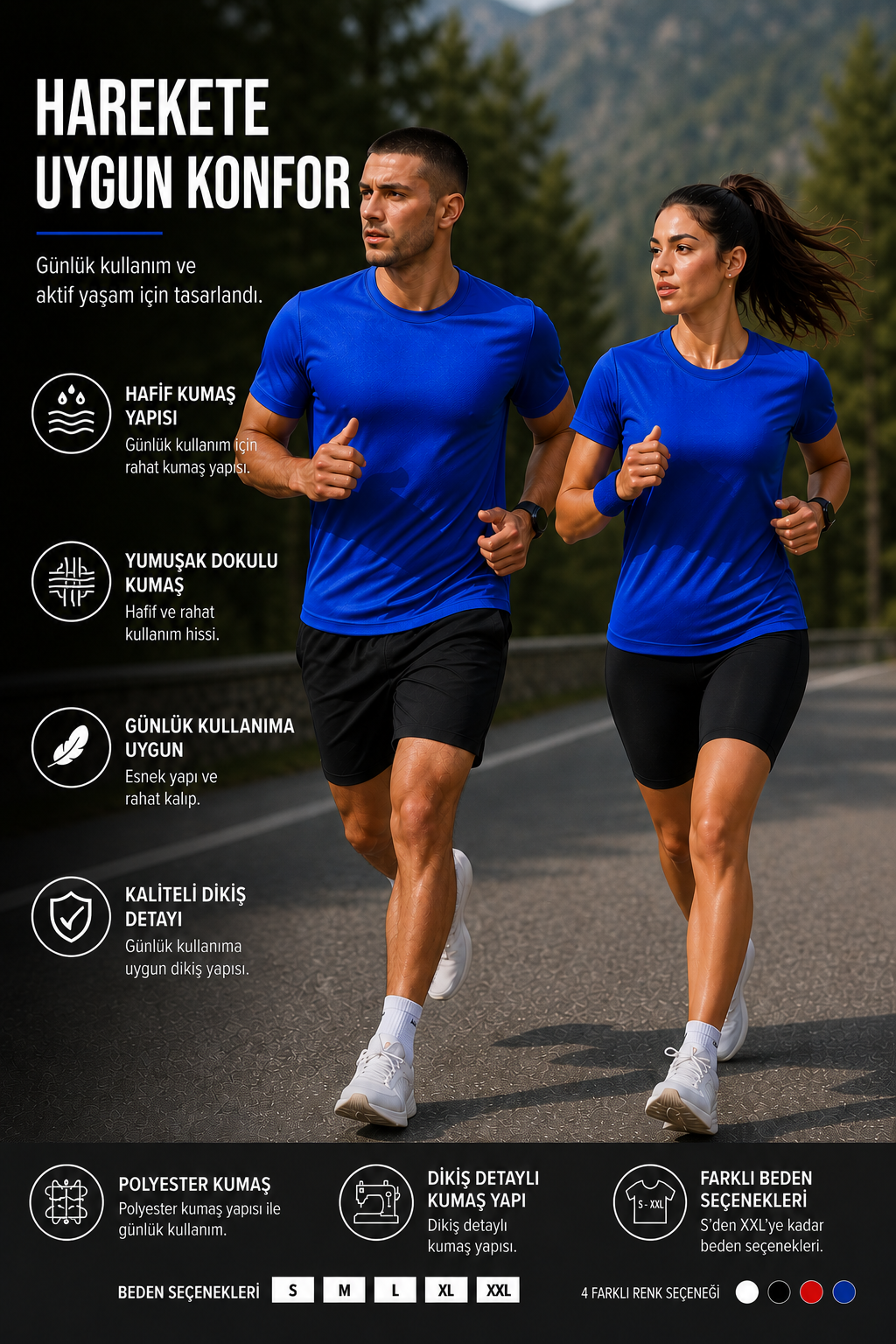 Kadın Saks Performans Spor Tişört Hızlı Kuruyan Esnek ve Dayanıklı Kumaş Nem Emici Spor T-Shirt