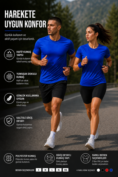 Kadın Saks Performans Spor Tişört Hızlı Kuruyan Esnek ve Dayanıklı Kumaş Nem Emici Spor T-Shirt