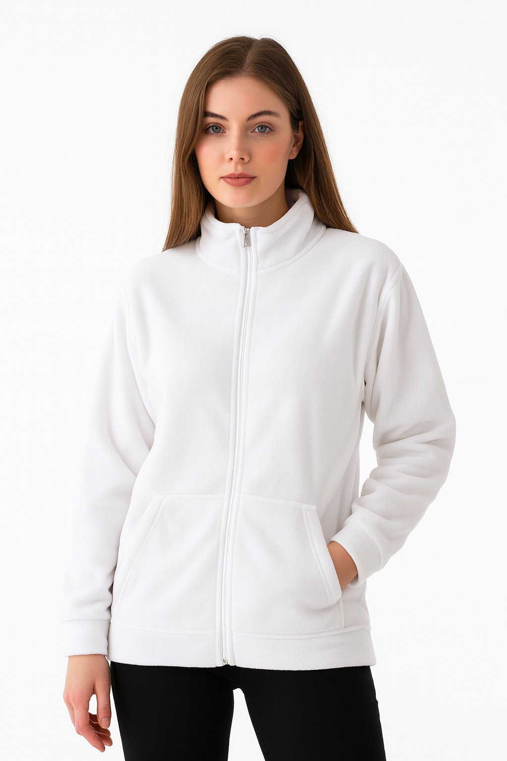 Unisex Beyaz Anti-pilling Tüylenme Yapmayan Standart Fit Tam Fermuarlı Soğuk Geçirmez Polar Hırka
