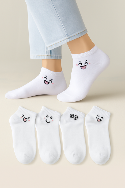 Pamuklu Dikişsiz 4'lü Emoji Desenli Kadın Çorap