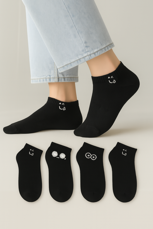 Pamuklu Dikişsiz 4'lü Emoji Desenli Kadın Patik Çorap