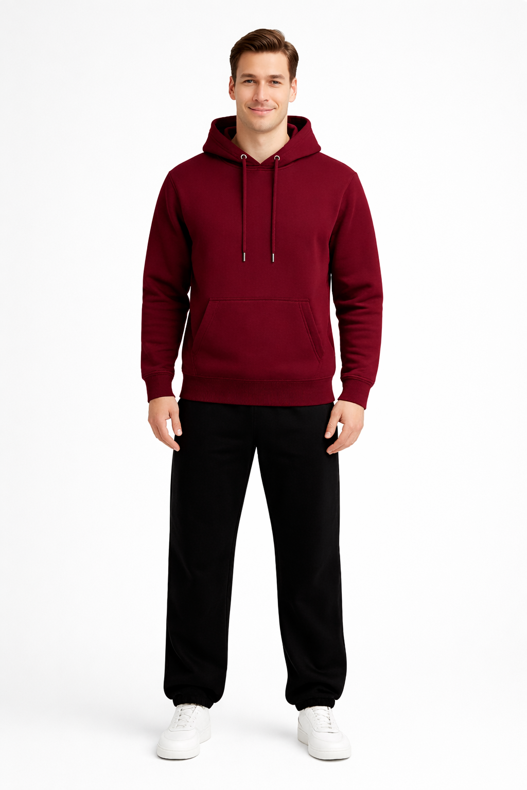 Erkek Bordo 3 İplik Pamuklu Kapüşonlu Sweatshirt Basic Hoodie Kanguru Cepli